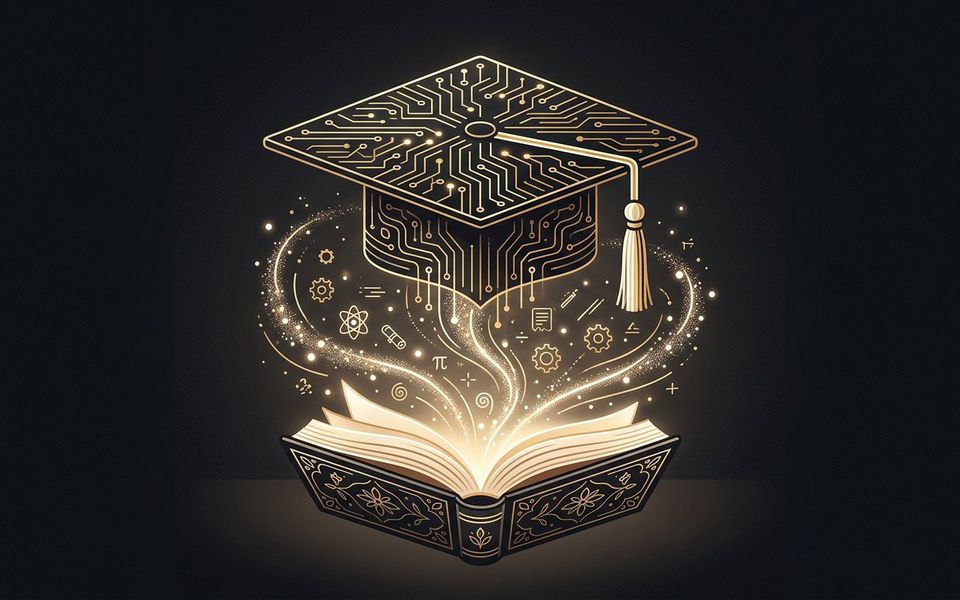 قبعة تخرج بنقوش دوائر إلكترونية فوق كتاب متوهج — الذكاء الاصطناعي في خدمة الطلاب