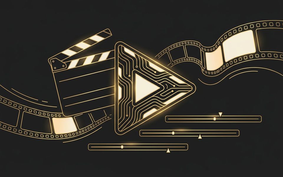 كلابورد سينمائي وزر تشغيل بخطوط دوائر ذهبية — أدوات توليد الفيديو بالذكاء الاصطناعي