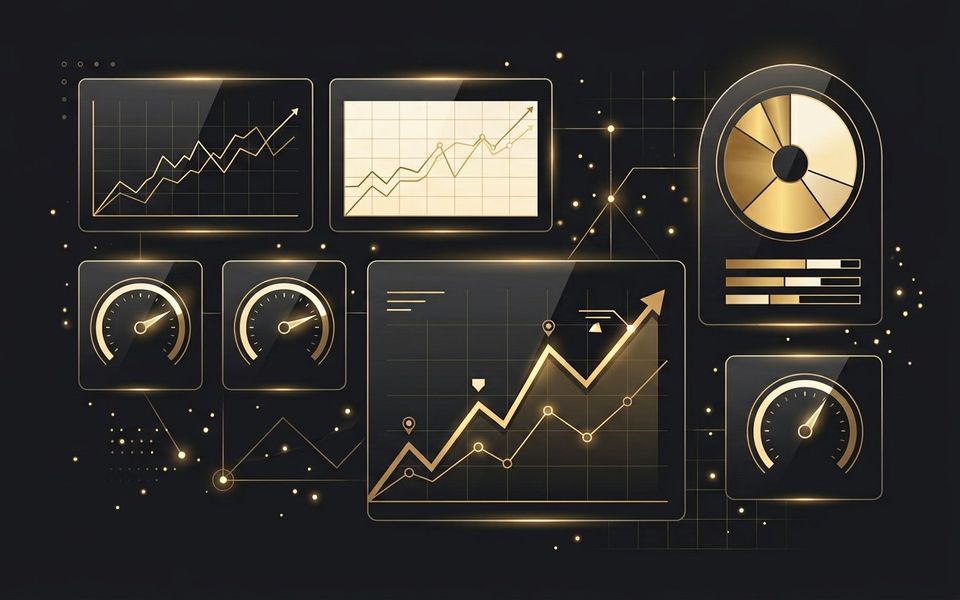 لوحة تحليلات برسوم بيانية ومؤشرات أداء صاعدة — Google Analytics وSearch Console