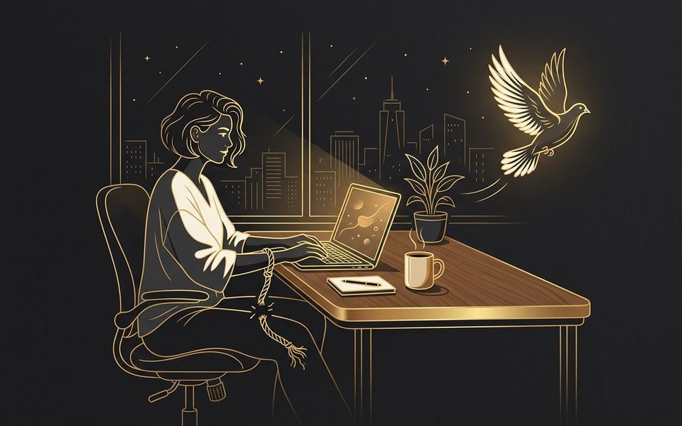 شخص يعمل بحرية على لابتوب وطائر يحلق — أساسيات العمل الحر المستقل