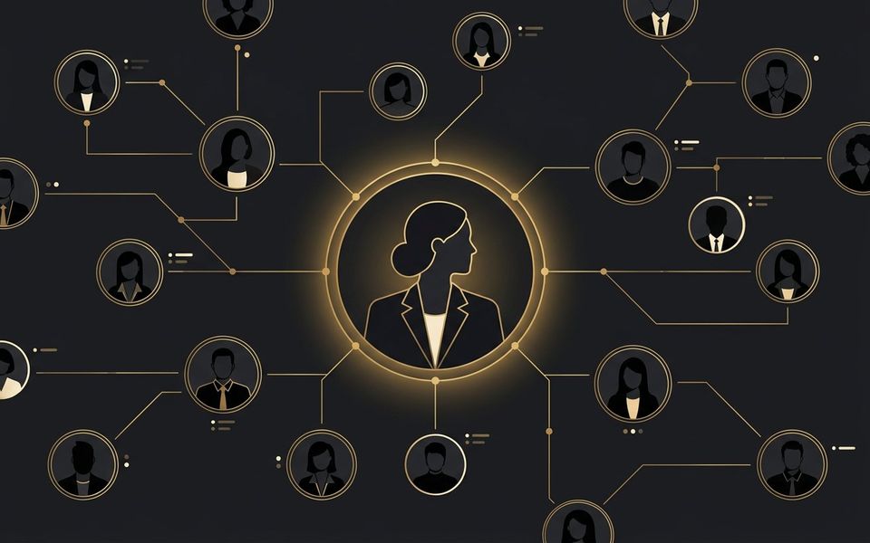 صورة شخصية داخل دائرة متوهجة متصلة بشبكة ملفات — بناء العلامة الشخصية على LinkedIn