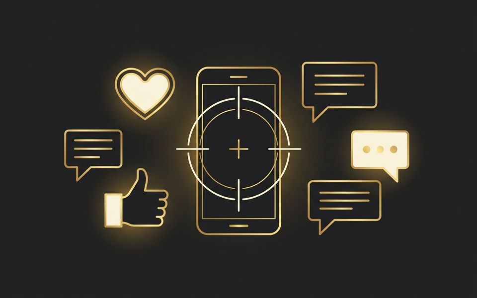 أيقونات تفاعل وقلوب ومقياس استهداف فوق هاتف ذكي — إعلانات فيسبوك وإنستغرام المدفوعة للمبتدئين