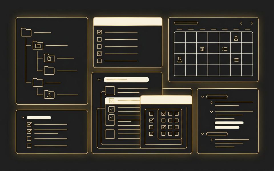 مساحة عمل منظمة من قوائم تحقق وتقويم ومجلدات — إدارة المهام والملاحظات على نمط Notion