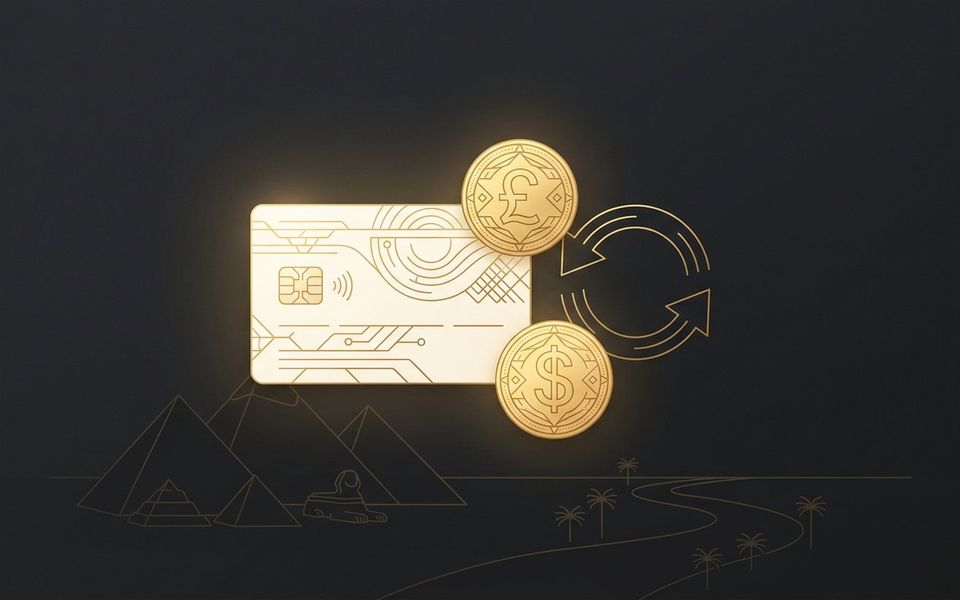بطاقة بنكية وأسهم تبادل عملات أمام خلفية أهرامات — استلام أرباح الإنترنت في مصر